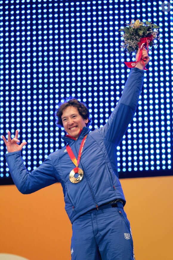 Paul-Henri De Le Rue après sa victoire à Turin lors des Jeux olympiques d'hiver à San Sicario, le 16 février 2006