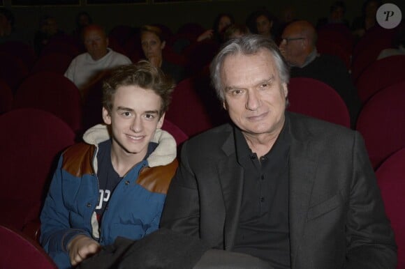 François-Eric Gendron et son fils Maxime - Générale de la pièce "L'Appel de Londres" au Théâtre du Gymnase à Paris, le 19 février 2014.