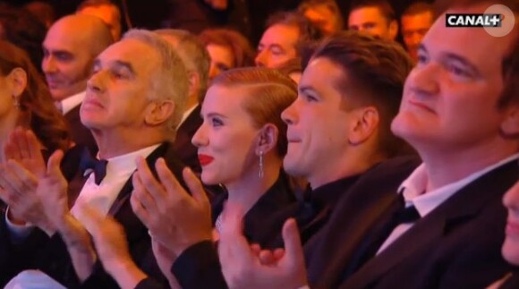 Scarlett Johansson, son fiancé Romain Dauriac et Quentin Tarantino lors de la cérémonie des César 2014.