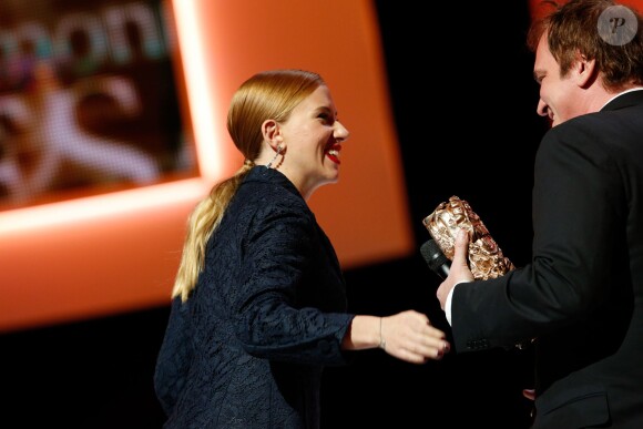 Scarlett Johansson (César d'honneur) et Quentin Tarantino à la 39e cérémonie des César au théâtre du Châtelet à Paris le 28 février 2014.