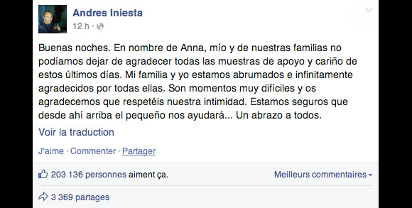 Message Facebook d'Andrés Iniesta après la fausse couche de son épouse, le 9 mars 2014.