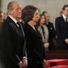 La reine Sofia, la princesse Letizia, l'infante Elena d'Espagne et le roi Juan Carlos Ier, lors de la cérémonie d'hommage aux victimes des attentats de Madrid, en la Cathédrale de l'Almudena, à Madrid, le 11 mars 2014.