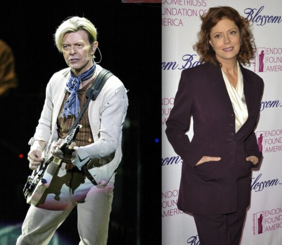 David Bowie à Stockholm le 9 octobre 2003 / Susan Sarandon à New York le 7 mars 2014 (photomontage)