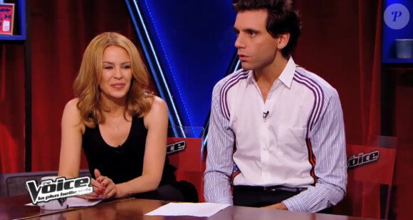 Mika et Kylie Minogue dans "The Voice 3" sur TF1 le samedi 15 mars 2014.