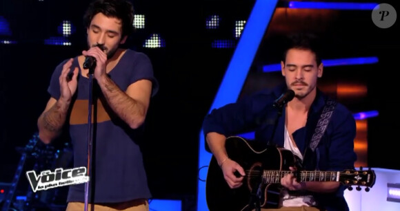 Deuxième battle entre Fréro Delavega et Quentin dans "The Voice 3" sur TF1 le samedi 15 mars 2014.