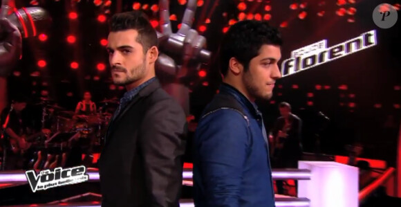 Battle entre Bruno Moreno et Jérémy Ichou dans "The Voice 3" sur TF1 le samedi 15 mars 2014.