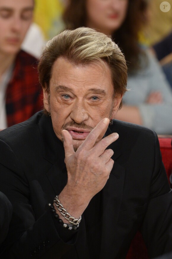 Johnny Hallyday - Enregistrement de l'émission "Vivement Dimanche" à Paris le 14 mars 2014.