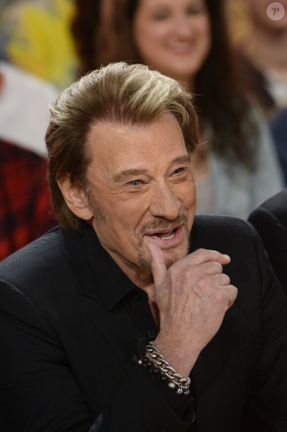 Johnny Hallyday - Enregistrement de l'émission "Vivement Dimanche" à Paris le 14 mars 2014.