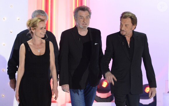 Johnny Hallyday, Eddy Mitchell, Sandrine Bonnaire et Claude Lelouch - Enregistrement de l'émission "Vivement Dimanche" à Paris le 14 mars 2014.