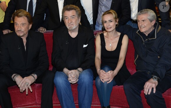 Johnny Hallyday, Eddy Mitchell, Sandrine Bonnaire et Claude Lelouch - Enregistrement de l'émission "Vivement Dimanche" à Paris le 14 mars 2014.