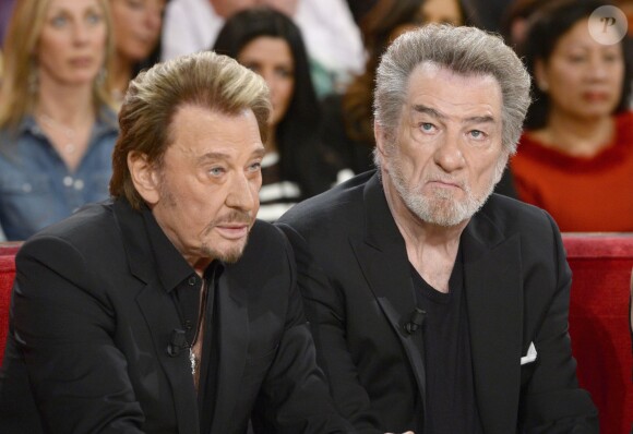 Johnny Hallyday et Eddy Mitchell - Enregistrement de l'émission "Vivement Dimanche" à Paris le 14 mars 2014.