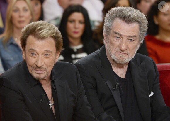 Johnny Hallyday et Eddy Mitchell - Enregistrement de l'émission "Vivement Dimanche" à Paris le 14 mars 2014.