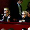 Exclusif - Bernadette Chirac et Laeticia Hallyday sont venues applaudir Eddy Mitchell et Fred Testot qui se produisaient sur la scène du Théâtre de Paris, dans une pièce mise en scène par Stéphane Hillel, "Un singe en hiver" à Paris le 1er avril 2014.