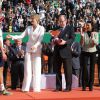 Elisabeth-Anne de Massy, la princesse Charlene de Monaco et son époux le prince Albert II de Monaco ont remis les prix lors de la finale entre Stanislas Wawrinka (vainqueur) contre Roger Federer, au tournoi de tennis Rolex Masters de Monte-Carlo à Monaco. Le 20 avril 2014.
