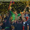Le PSG fête sa victoire du PSG en Coupe de la Ligue le 19 avril 2014. 