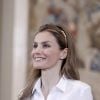 Letizia d'Espagne, sublime, recevait en audience différentes associations au palais de La Zarzuela à Madrid, le 8 mai 2014
