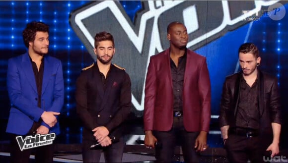 Les quatre finalistes Amir, Kendji, Wesley et Maximilien (The Voice 3, la finale - diffusée le samedi 10 mai 2014, sur TF1.)