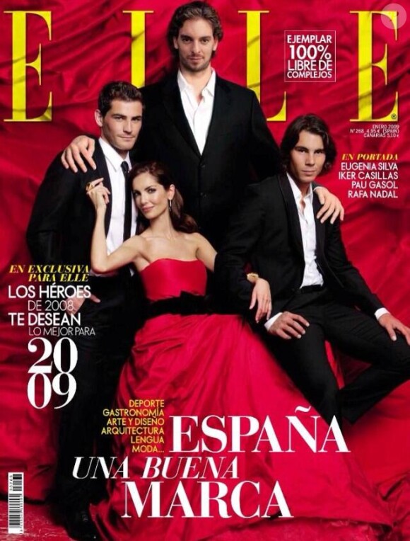 Eugenia Silva en couverture du Elle espagnol en 2009 avec Iker Casillas, Pau Gasol et Rafael Nadal, trois grands champions espagnols