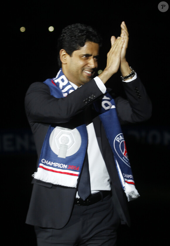 Nasser al-Khelaïfi célèbre le titre de champion de France après le match Psg-Montpellier au Parc des Princes à Paris, le 17 mai 2014