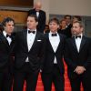 Mark Ruffalo, Channing Tatum, director Bennett Miller, Steve Carell à la montée des marches de Foxcatcher à l'occasion du 67e Festival de Cannes, le 19 mai 2014.