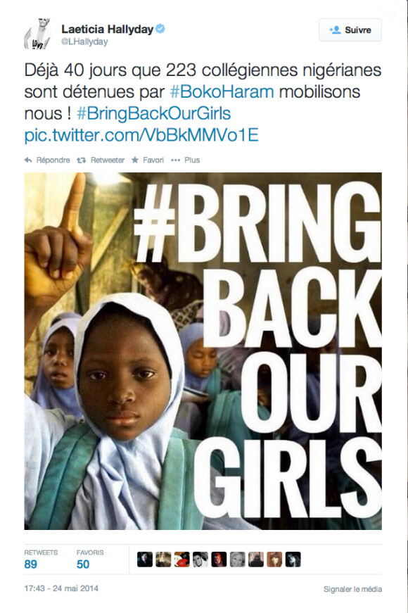 Laeticia Hallyday continue de se mobiliser pour la libération de jeunes filles enlevées par le groupe Boko Haram au Nigeria. Mai 2014.