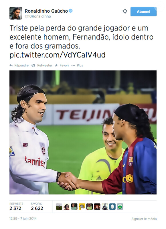 Ronaldinho rend hommage à Fernandao sur Twitter - juin 2014