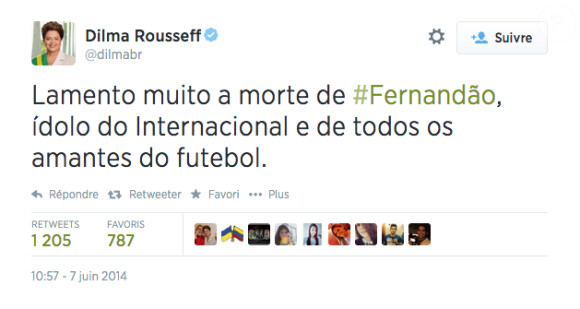 Dilma Rousseff rend hommage à Fernandao sur Twitter - juin 2014