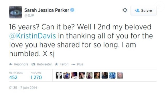 Sarah Jessica Parker a posté ce message pour le 16e anniversaire de Sex and the Ciy, le 6 juin 2014.