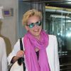 Exclusif - Sharon Stone arrive à l'aéroport de Nice, chargée de toutes ses valises, pour prendre un avion à destination des Etats-Unis. L'actrice devait être la maîtresse de cérémonie des World Music Awards la veille à Monaco. Le 28 mai 2014.