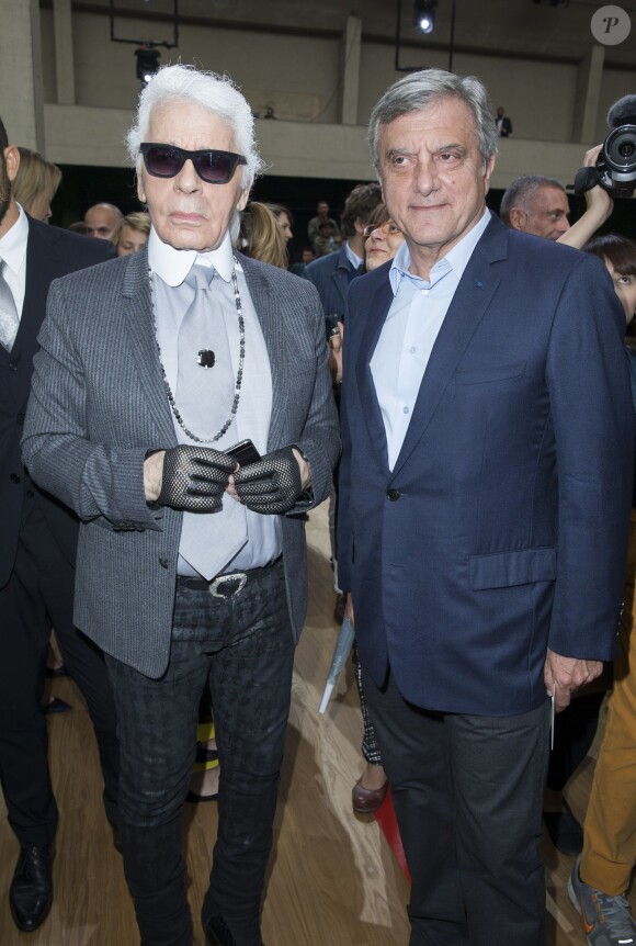 Karl Lagerfeld et Sidney Toledano - Défilé Dior Homme printemps-été 2015 au Tennis Club de Paris, le 28 juin 2014.