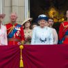 Camilla Parker Bowles, le prince Charles, la princesse Eugenie d'York, la princesse Anne, Timothy Laurence, la reine Elizabeth II, la comtesse Sophie de Wessex, le prince Philip lors de Trooping the Colour à Londres, le 14 juin 2014.
