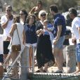Gwen Stefani, son mari Gavin Rossdale et leurs fils Kingston, Zuma et Apollo Rossdale quittent le Club 55 à Saint-Tropez, le 1er août 2014.