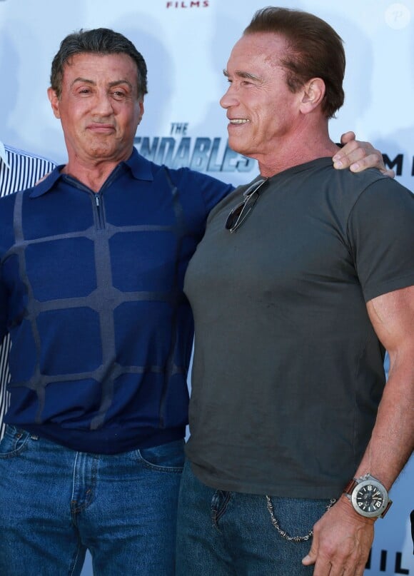 Sylvester Stallone and Arnold Schwarzenegger lors du photocall d'Expendables 3 à Cannes le 18 mai 2014