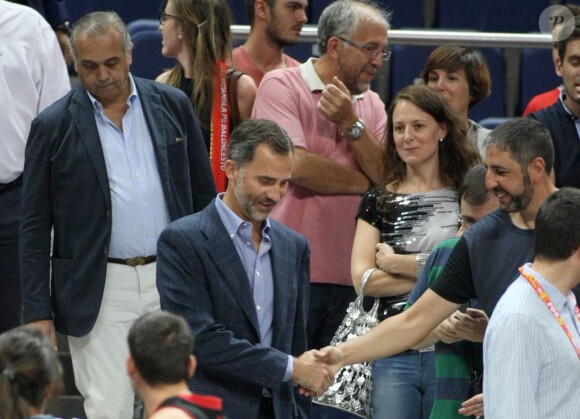 Le roi Felipe VI d'Espagne a assisté le 25 août 2014 à la victoire écrasante de l'équipe d'Espagne de basket contre l'Argentine, 86 à 53, au Palais des Sports de Madrid en match amical de préparation à la Coupe du monde 2014.