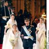 Mariage de Letizia et Felipe d'Espagne, le 22 mai 2004 en la cathédrale de la Almudena à Madrid. Letizia Ortiz, qui devenait alors princesse des Asturies, portait une robe du couturier Manuel Pertegaz, décédé le 30 août 2014 à 96 ans.