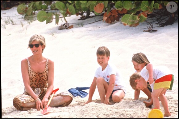 Lady Di avec ses fils les princes Harry et William en avril 1990 aux Iles Vierges.