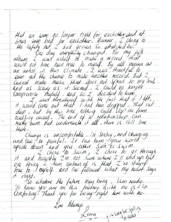 Une partie de la lettre que Leona Lewis a publié sur Twitter à l'intention de ses fans, septembre 2014.