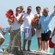 Neil Patrick Harris, son compagnon David Burkta et leurs jumeaux Gideon Scott et Harper Grace arrivent au Club 55 à Saint-Tropez le 2 août 2012