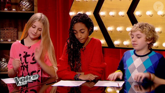 Maylane, Laetitia et Benjamin dans The Voice Kids, le 13 septembre 2014 sur TF1.