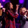 Maylane, Laetitia et Benjamin en trio dans The Voice Kids, le 13 septembre 2014 sur TF1.