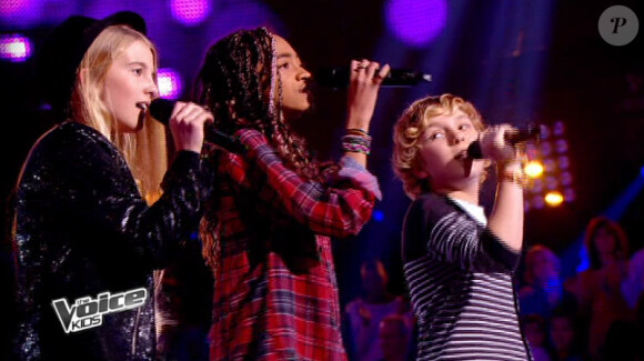 Maylane, Laetitia et Benjamin en trio dans The Voice Kids, le 13 septembre 2014 sur TF1.