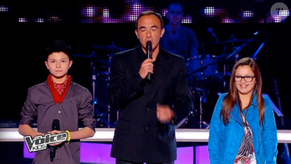 Adrien, Nikos et Mélina dans The Voice Kids, le 13 septembre 2014 sur TF1.