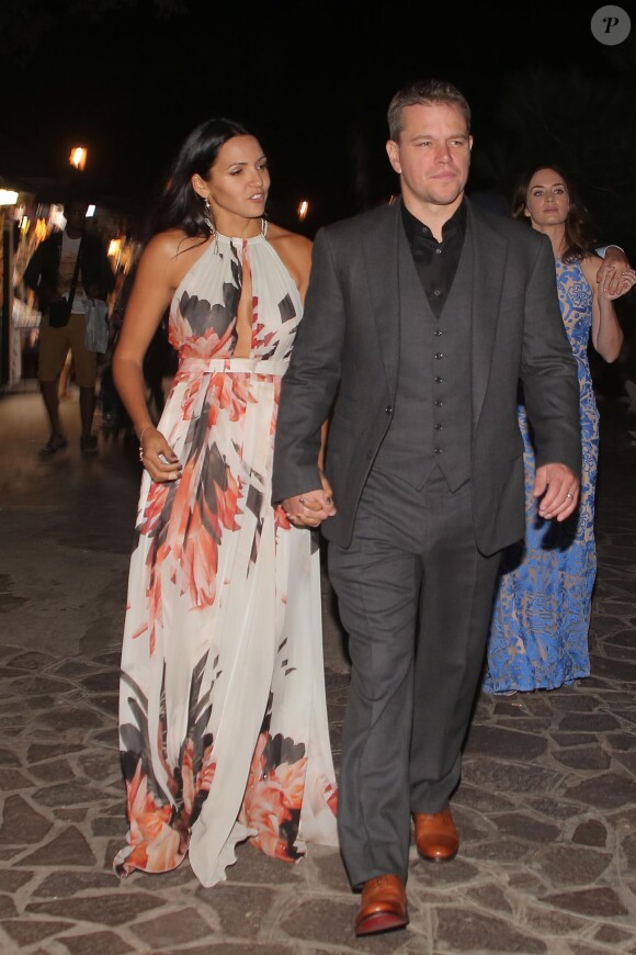 Matt Damon et sa femme Luciana Barroso à Venise le 26 septembre 2014 lors de la soirée d'enterrement de vie de garçon/de jeune fille de George Clooney et Amal Alamuddin.