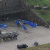 Exclusif - Reportage sur le tournage du nouveau Star Wars 7 dans le Berkshire en Angleterre, le 17 septembre 2014. On aperçoit un Millennium Falcon et X-wing devant un hangar.