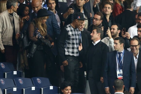 Beyoncé et Jay Z rencontrent Nicolas Sarkozy - Match PSG-Barcelone de la Ligue des Champions au parc des princes à Paris le 30 septembre 2014. Le PSG à remporté le match sur le score de 3-2.