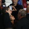 Nicolas Sarkozy fait des selfies avec ses admirateurs - Match PSG-Barcelone de la Ligue des Champions au parc des princes à Paris le 30 septembre 2014. Le PSG à remporté le match sur le score de 3-2.