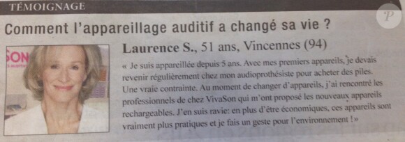Publicité VivaSon avec une photo de Glenn Close (Laurence S.), parue dans l'édition du Parisien du 5 octobre