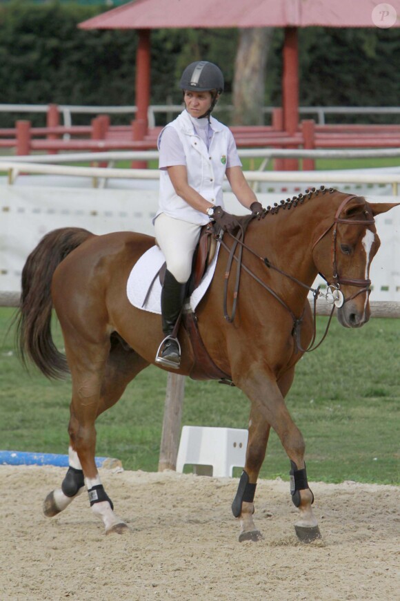L'infante Elena d'Espagne était en compétition sur son cheval Quant lors du jumping II Ruta Via de la Plata au Club Royal La Pinède à Séville le 5 octobre 2014. 