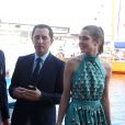  Gad Elmaleh et sa compagne Charlotte Casiraghi arrivant &agrave; la soir&eacute;e pour l'inauguration du nouveau Yacht Club de Monaco, Port Hercule, le 20 juin 2014. 