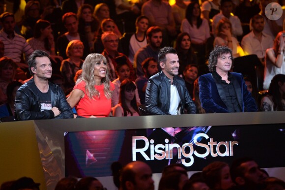 David Hallyday, Cathy Guetta, Morgan Serrano, Cali - Troisième prime de "Rising Star" sur M6. Jeudi 9 octobre 2014.